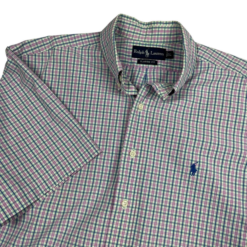 Ralph Lauren EUC Button Down Shirt Men's L Pink Blue Plaid Short Sleeve Cotton